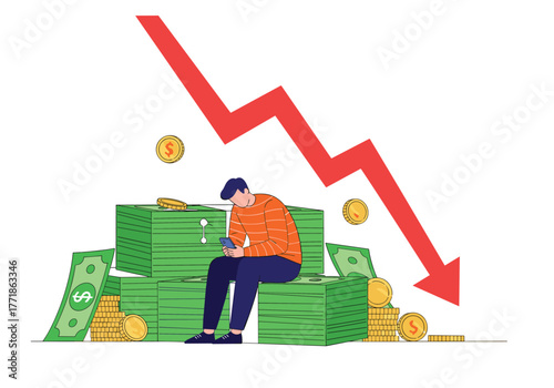 A man sits dejectedly on stacks of money as a large red arrow indicates a significant financial downturn or market crash.