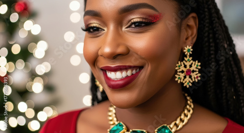 Joyful African woman with festive makeup and jewelry smiling amidst twinkling Christmas lights, celebrating holiday season with glamour.