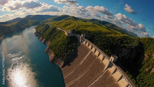Majestic dam view with blue water, green hills, clear sky, sunlight reflecting on reservoir surface, scenic wide river, peaceful mountain landscape