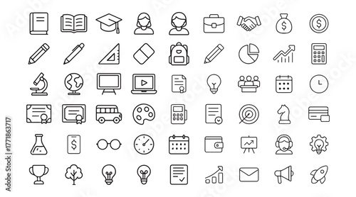Collection of education and business related icons in a clean outline style on a white background