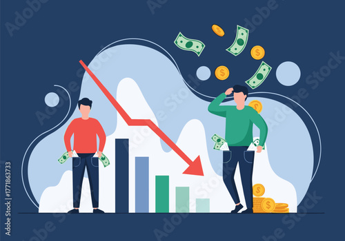 Two men experience financial loss with money falling from their pockets, illustrated by a downward trend on a bar chart.