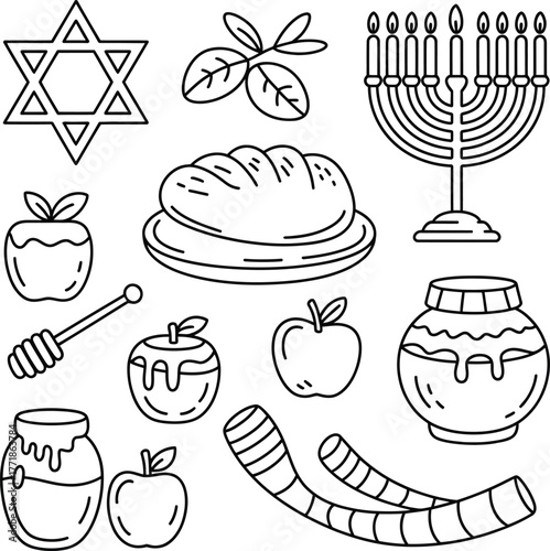 Jewish Holiday Symbols Star of David Menorah Apples Honey Jars and Shofar Line Art vector