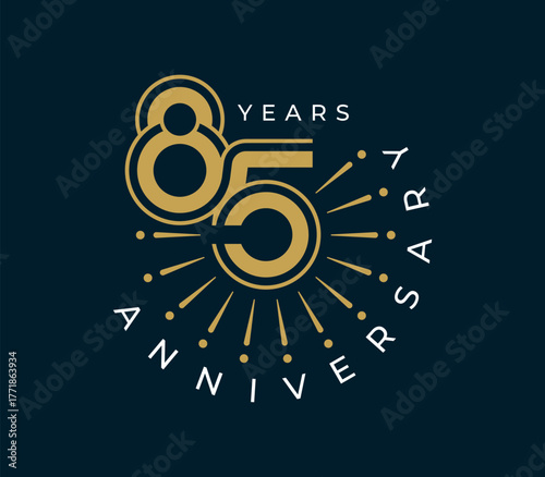 85 Years Anniversary with fireworks design vector illustration. Unique 85 years logo design template. In gold color.	