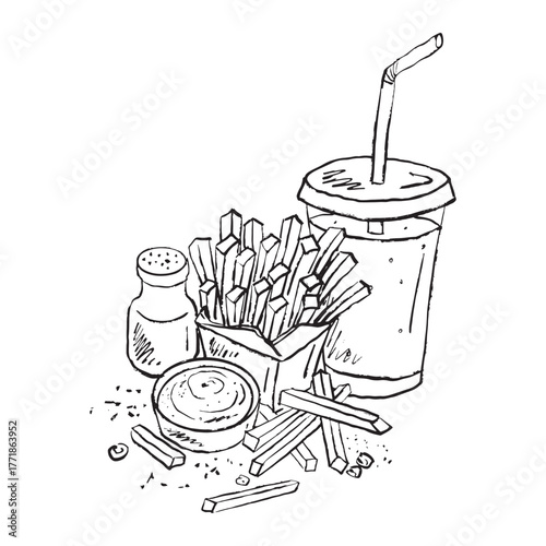 Fast food logo design with french fries box, sauce, water. Hand drawn vector sketch illustration. Cafe menu design, print. dinner. Retro style, vintage element.