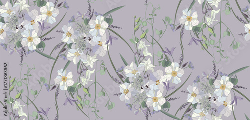 Flowers and leaves in vintage style, seamless pattern.	