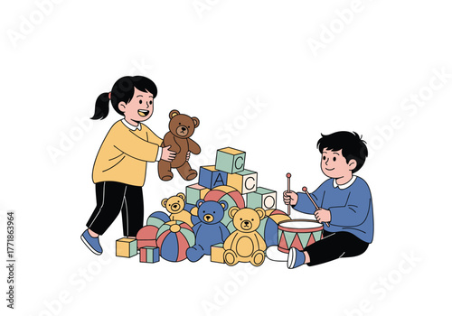 Happy children playing with a variety of colorful toys together.