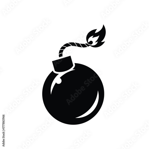 Flat bomb icon in black solid color with lit fuse symbolizing explosion, danger, and energy in minimal flat style for warning concept