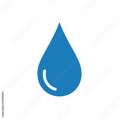 Flat blue water droplet icon representing purity, hydration, and environmental freshness in clean modern flat vector design
