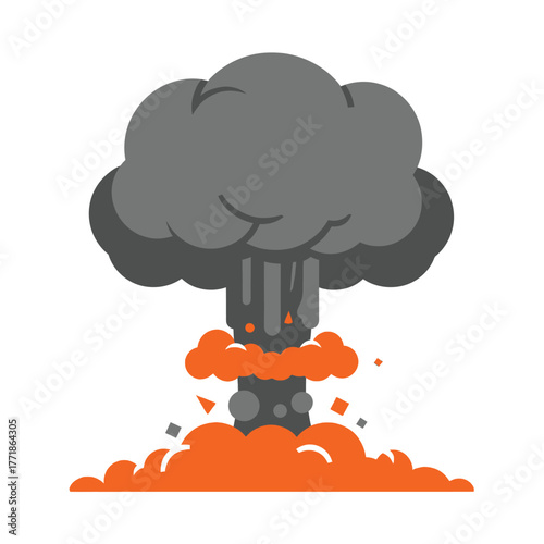 Flat explosion cloud icon with orange sparks, symbolizing nuclear blast or destruction concept. Clean vector style ideal for warning or safety themes.