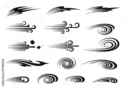 Abstract black and white speed lines, wind gusts, and swirl graphic elements for motion and energy designs.