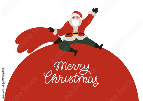 Merry Christmas greeting card. Santa Claus sitting on Christmas bag and waving hand with handwriting text.