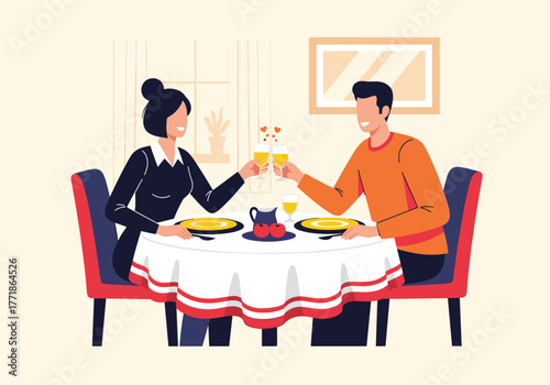 A happy couple enjoys a romantic dinner together, toasting with drinks and celebrating their love in an intimate setting.