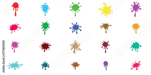 Collection of colorful paint splatters and splashes various vibrant colors against a neutral backdrop