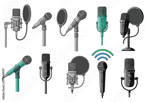 A diverse collection of studio, podcast, and stage microphones with pop filters and stands for professional audio recording.