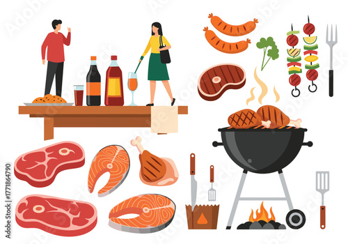 Flat lay illustration of people enjoying a barbecue party with various grilled meats, fish, sausages, kebabs, drinks, and grilling tools.