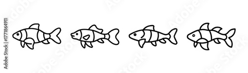 Four stripy clown loach fish swimming together aquatic animal line art