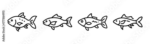 Four sketchy corydoras catfish swimming together in a line small aquarium fish