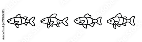 Four simple line art clown loach fish swimming together in a school aquatic animal