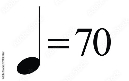 Quarter note equals 70 bpm icon, metronome mark vector graphic representing rhythm and steady tempo, transparent background