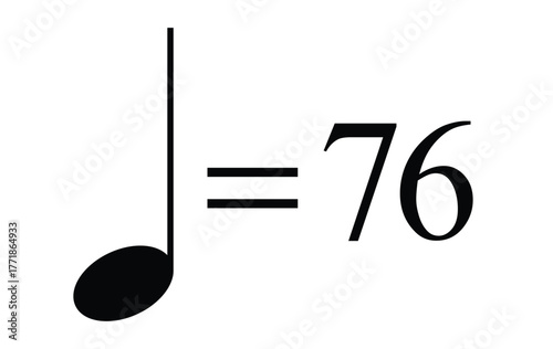 Quarter note equals 76 bpm icon, metronome mark vector illustration for rhythm speed and tempo, transparent background
