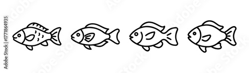 Four cartoon fish swimming in a line simple hand drawn aquatic animals