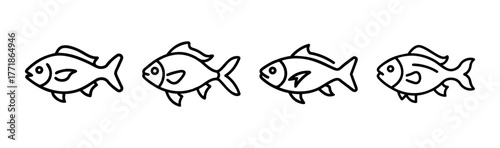 Four hand drawn outline fish swimming together simple line art aquatic creature collection
