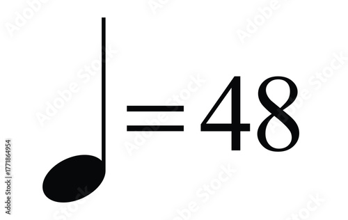Quarter note equals 48 bpm icon, metronome mark vector design showing rhythm and timing, transparent background