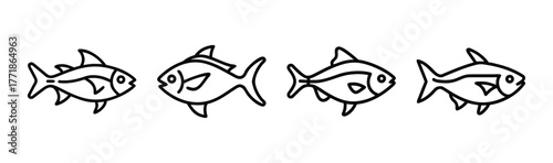 Four stylized tetra fish swimming together simple line art aquatic life collection