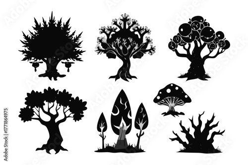 Silhouetted Botanical Collection: Diverse selection of unique silhouettes of arboreal life forms, showcasing nature's artistry with variations of foliage