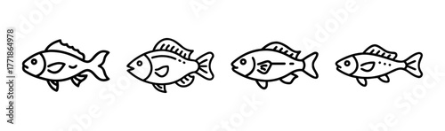 Four stylized hand-drawn fish illustrations lined up side by side