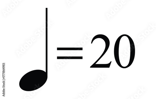 Quarter note equals 20 bpm icon, metronome mark symbol showing slow tempo and rhythm, vector with transparent background