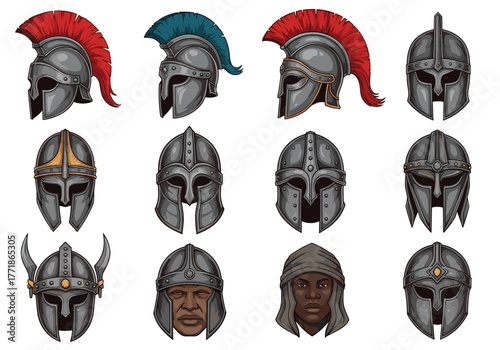A diverse collection of warrior helmets, from ancient Greek and Viking styles to medieval knight designs, including some worn by human figures.