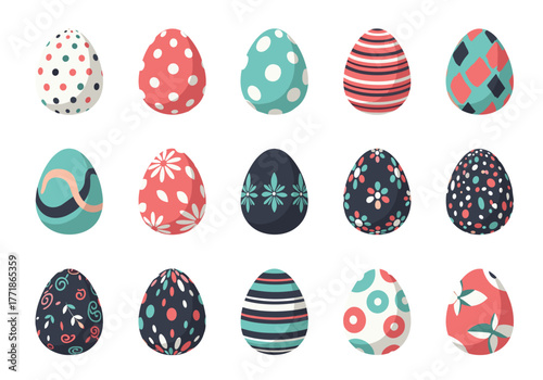 A collection of beautifully decorated Easter eggs in various patterns and a coordinated pastel color palette, perfect for spring holiday designs.