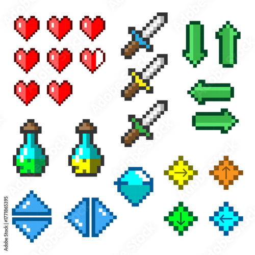 Set of vector game icons in pixel art retro illustration style