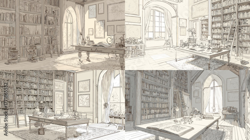 Elegant vintage library interior sketch with bookshelves, wooden desk, and large window. Hand-drawn black and white illustration showing cozy academic workspace atmosphere.