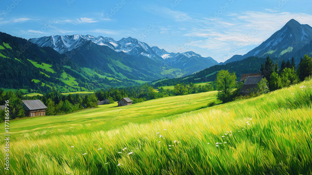 Fototapeta premium Idyllic mountain landscape in the Alps with blooming meadows in springtime