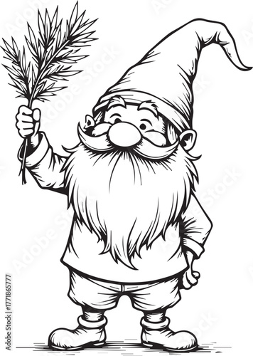Cute Christmas gnome holding festive evergreen branch, smiling holiday elf with tall hat, winter Scandinavian charm