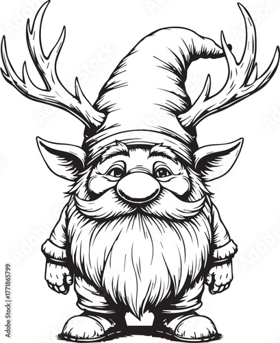 Christmas Gnome with Reindeer Antlers, Festive Holiday Character with Long Beard and Winter Hat, Whimsical Nordic Elf Design for Seasonal Crafts and Decorations