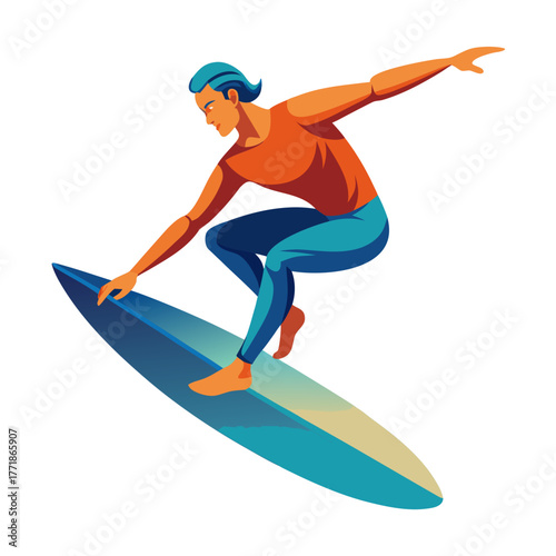 Dynamic illustration of a male surfer skillfully riding a surfboard, capturing the energetic spirit of watersports and beach culture with vibrant colors and fluid motion