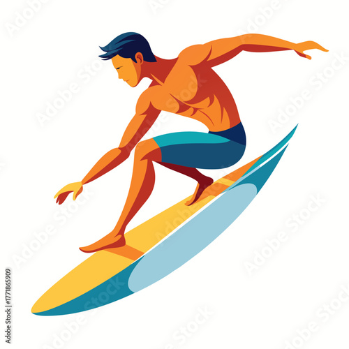 Illustration of a surfer riding a wave, showcasing athleticism and summer adventures