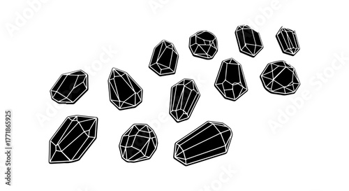 Collection of hand drawn black crystals and gemstones on white background