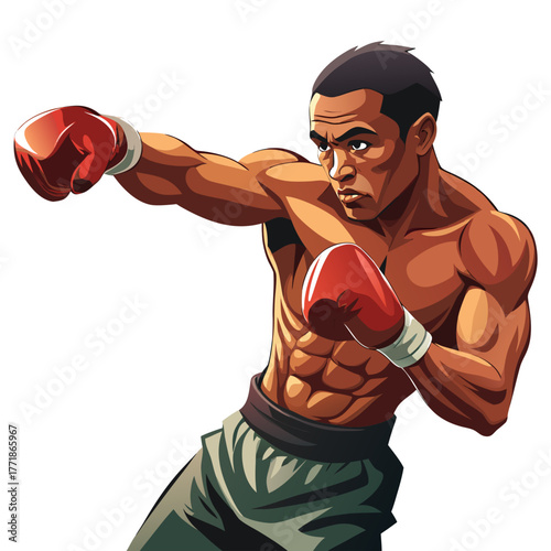 A focused and determined boxer in action, throwing a punch with intensity during a match