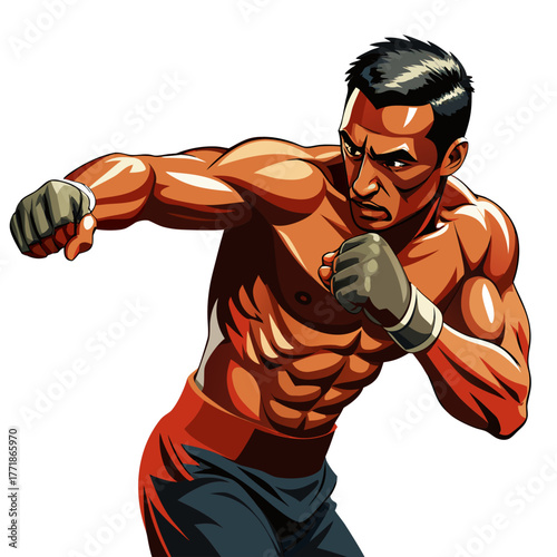 Boxing Champion in Fighting Stance with Powerful Muscles and Focused Expression