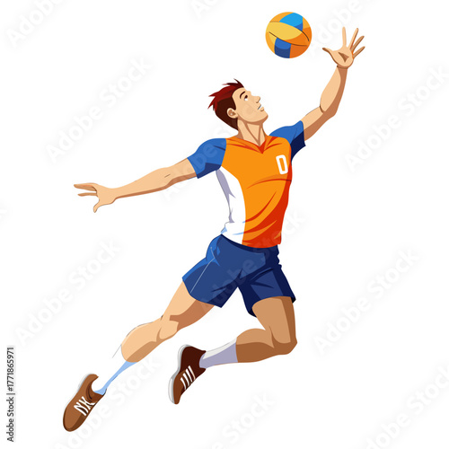 Energetic young male athlete jumping to spike a volleyball during a competitive indoor match