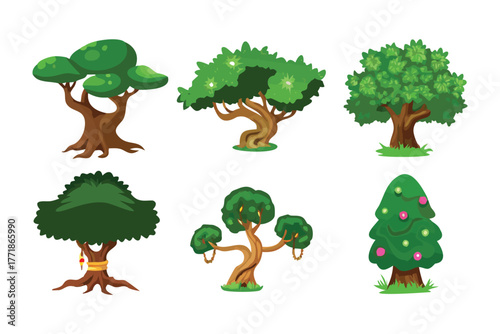 Diverse Tree Collection: A vibrant collection of six distinct trees, each boasting unique foliage, trunks, and shapes. Capturing the beauty and variety found in the arboreal world.
