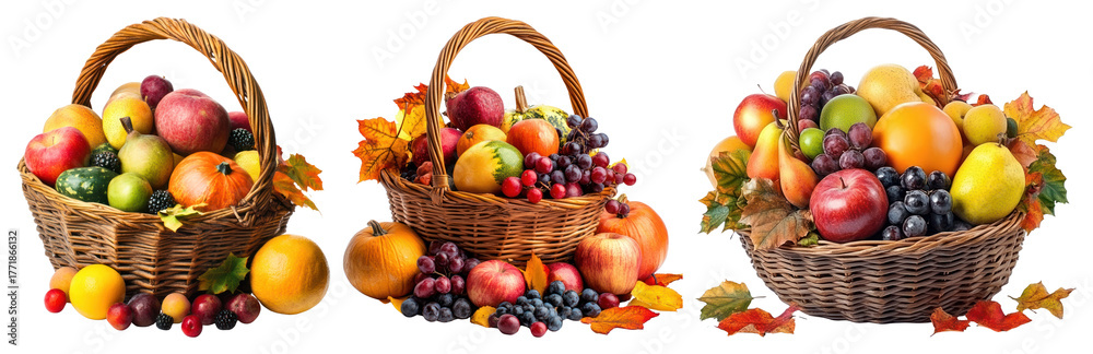 Obraz premium PNG Colorful baskets of fresh fruits, element set on transparent background