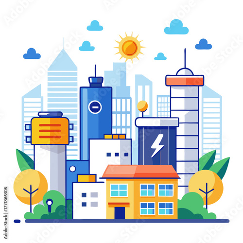 Futuristic city illustration featuring integrated renewable energy systems, such as solar panels and wind turbines, highlighting a sustainable and ecoconscious approach to urban living