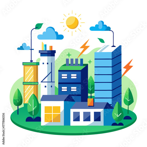 Vibrant illustration of a futuristic city powered by clean energy, featuring contemporary architecture, solar panels, and lush greenery, representing a sustainable future