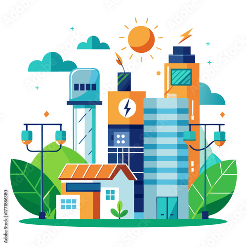 Vibrant city illustration showcasing a mix of residential and commercial buildings powered by clean energy sources like solar and wind