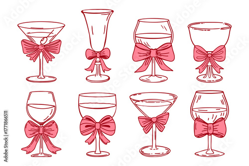 Collection of elegant pink cocktail and wine glasses with bows. Hand drawn sketch illustration.
